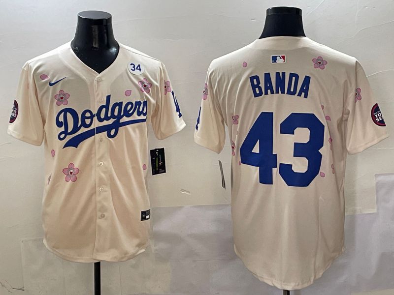 Men Los Angeles Dodgers 43 Banda Cream White Blue Sakura Edition 2025 Nike MLB Jersey style 8